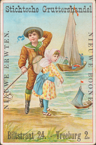 710689 Reclamekaart van de Stichtsche Gruttershandel, Biltstraat 24 en Vreeburg 2 te Utrecht. Met een visserstafereel ...